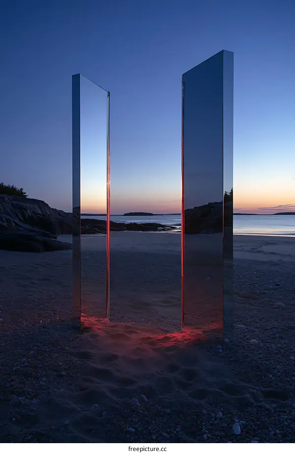 Reflective Columns On Beach At Sunset