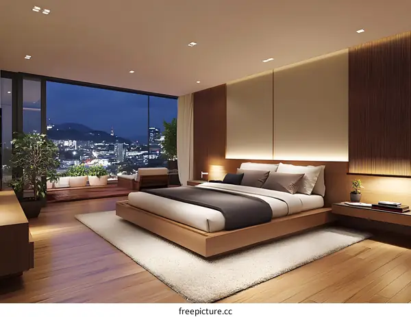 Modern Bedroom Interior Design with City View at Night