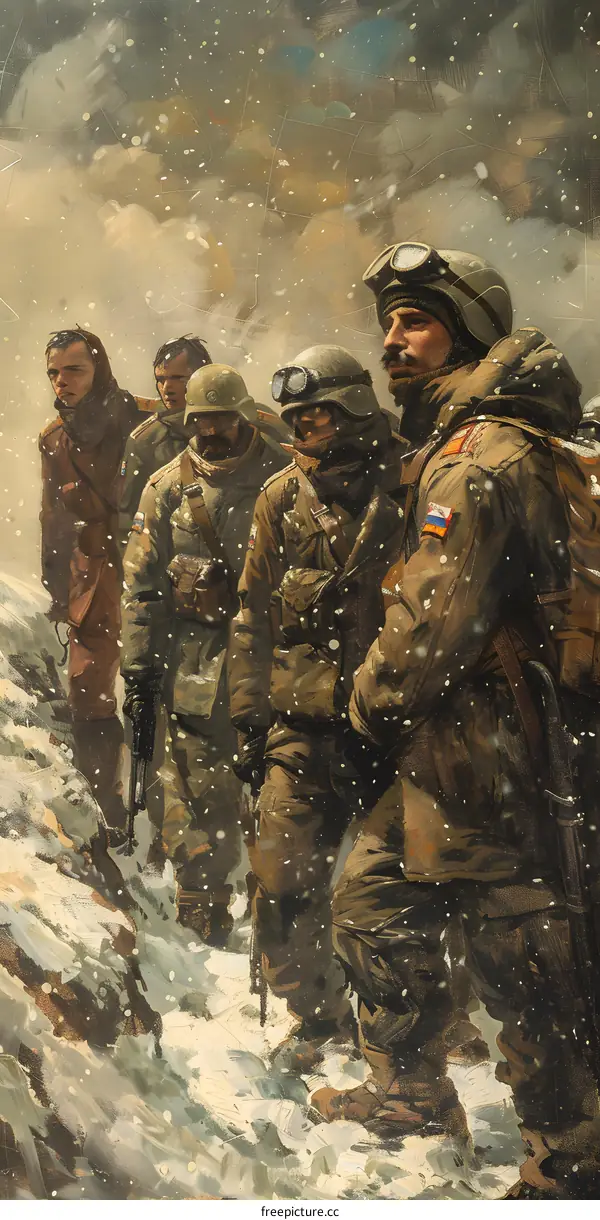 Soviet soldiers on the snowy mountain