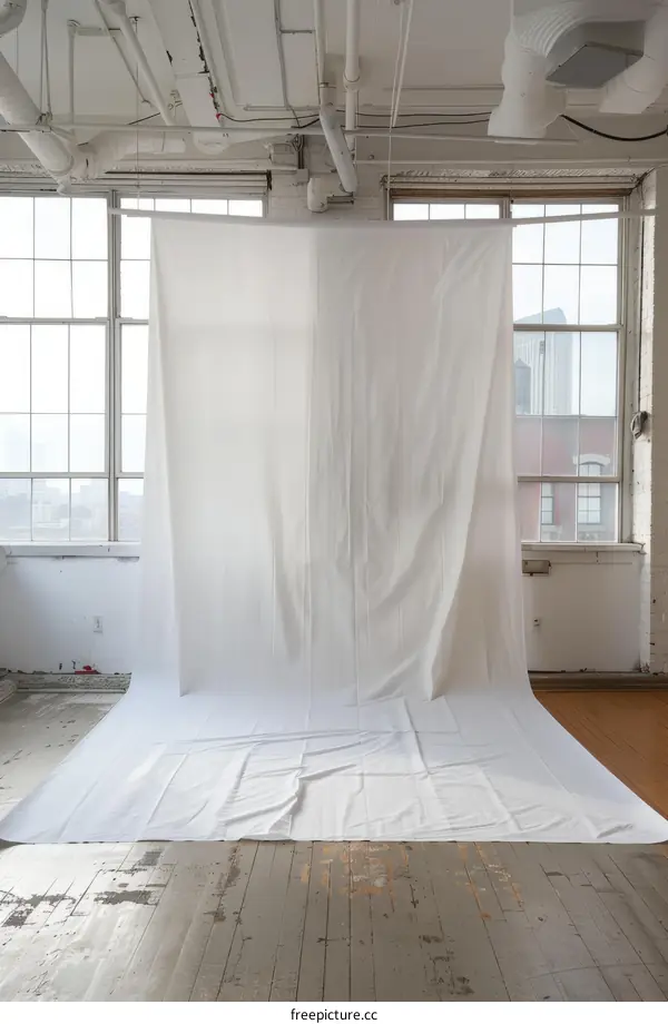 A large white sheet is used as a backdrop for photography and videography.