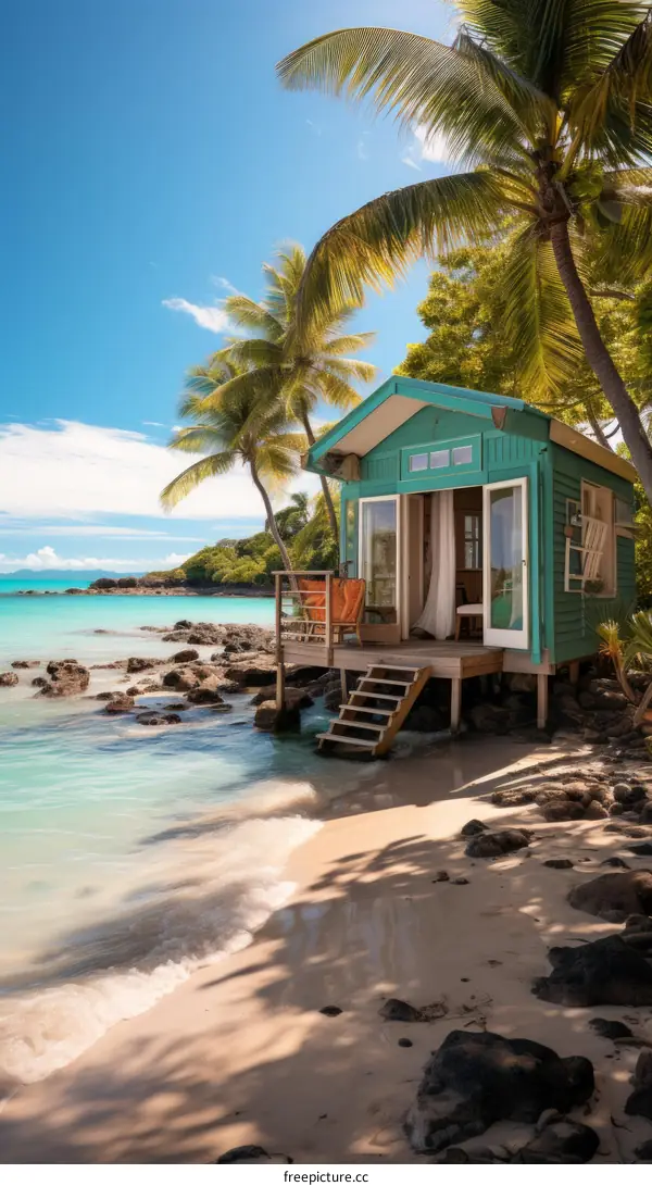 Small beach house on a tropical island with palm trees and turquoise ocean