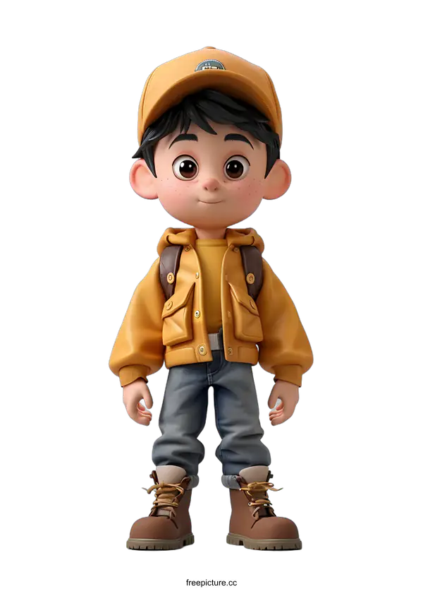 [Transparent Background PNG]3D rendering of a young boy wearing a yellow jacket and blue jeans