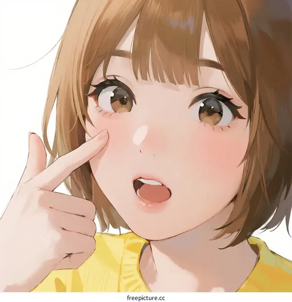A Young Girl with Short Brown Hair Pointing at Her Cheek