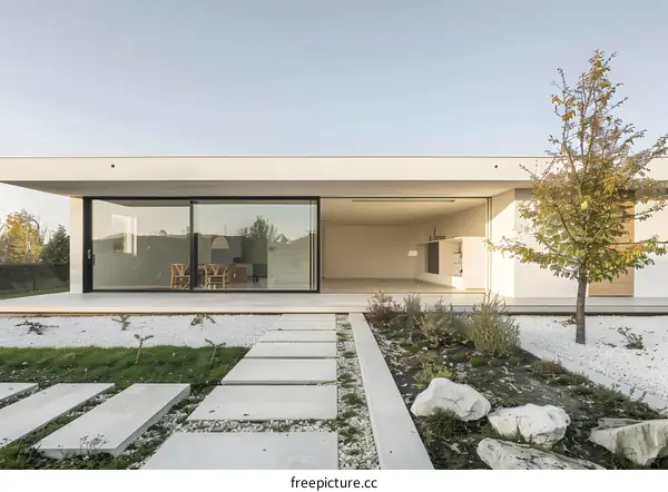 Modern Minimalist Home Exterior with Sliding Glass Doors and Stone Pathway
