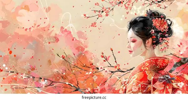 An illustration of a beautiful Asian woman in a red kimono with cherry blossoms