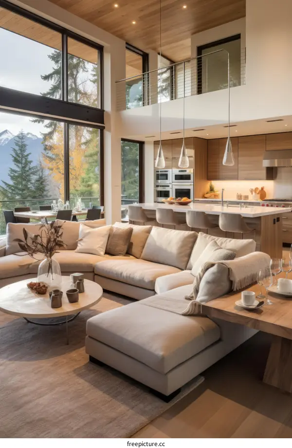 Modern mountain home living room with vaulted ceilings and large windows