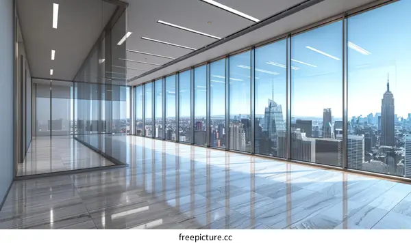 Office interior with large windows and Manhattan skyline view