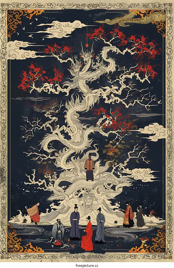 Chinese Dragon Tree Illustration With People