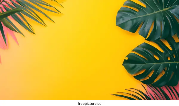 Tropical Leaves on Yellow Background