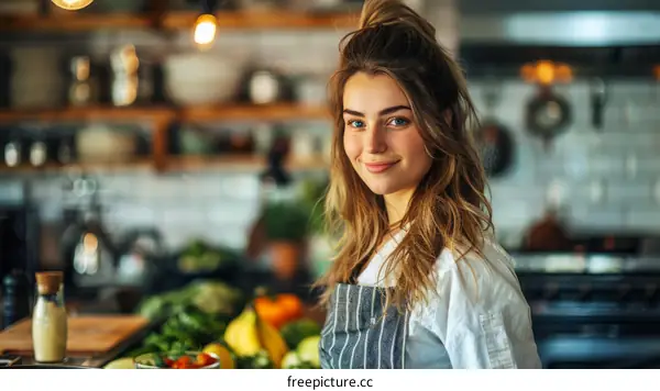 Smiling Woman Chef in Kitchen with Knife and Vegetables