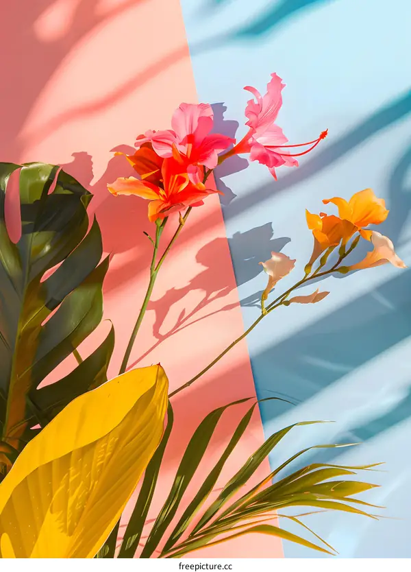 Tropical Flowers and Leaves on Pink and Blue Background with Shadows