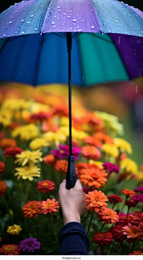 A person holding an umbrella over a field of flowers