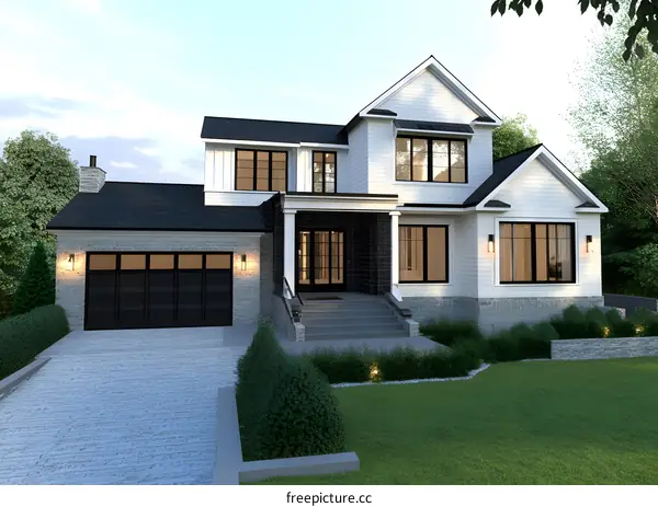 Modern Farmhouse Exterior Design With Black Windows And Garage Doors