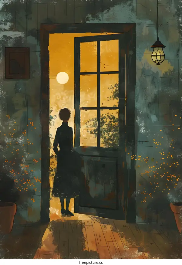 A woman standing in a doorway looking out at the moonlit night