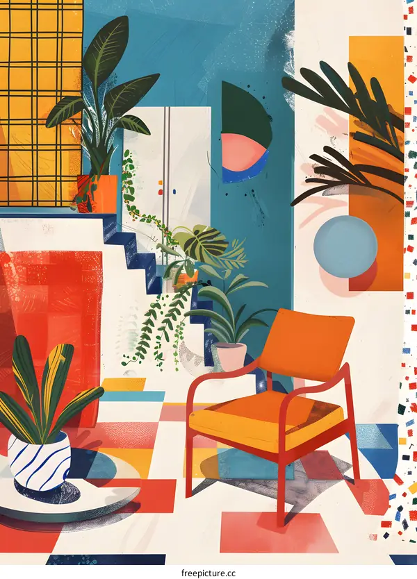 Modern Abstract Illustration with a Chair and Plants