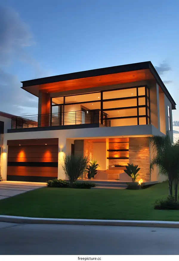 Modern Minimalist House with Wooden Garage Door