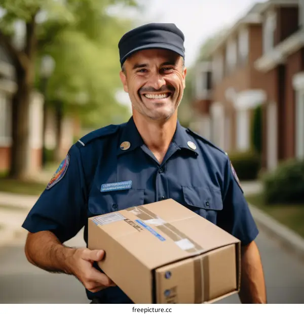 Happy delivery man holding a cardboard box