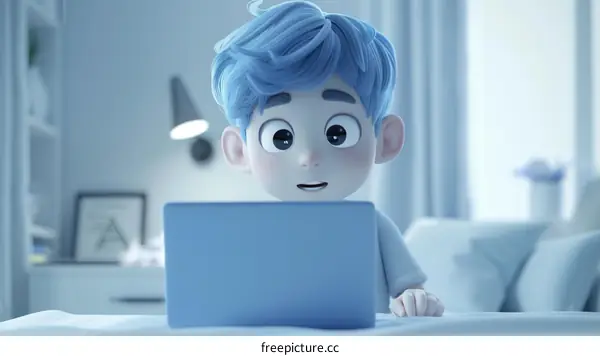 A boy uses a laptop computer sitting on his bed in his bedroom