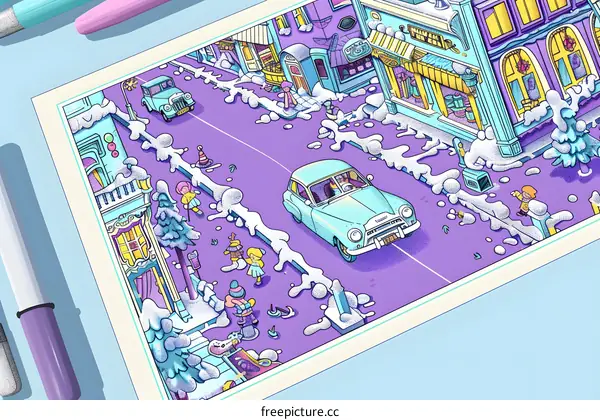 Winter Illustration Of Snowy Street With People And Cars