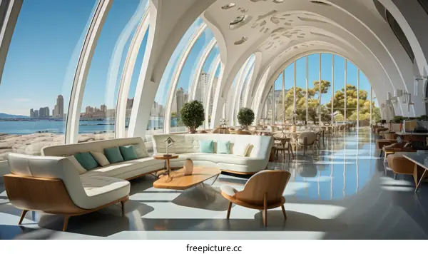 Modern bright spacious restaurant interior with big windows