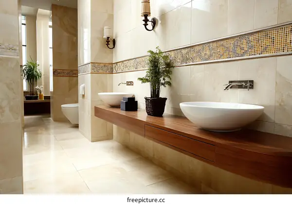 Modern Beige Bathroom with Wooden Vanity