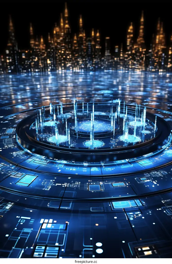 Futuristic Cityscape with Glowing Blue Circuitry