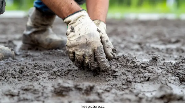 Worker preparing ground with mud and gloves