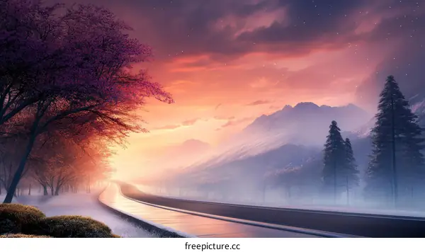 Winter Sunrise Mountain Road with Cherry Blossoms