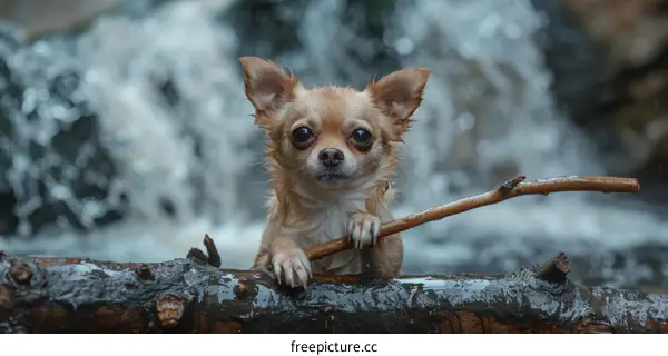 Small Brown Wet Chihuahua Dog with a Stick in its Mouth
