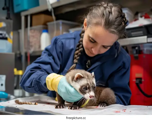 Young caucasian woman veterinarian examining a ferret in a lab