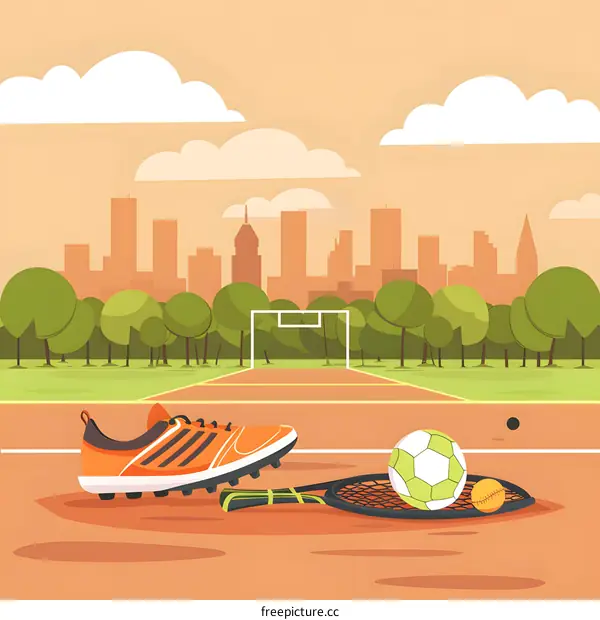 Sports Equipment on the Field with City Skyline Background