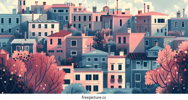 Colorful Illustration of Cityscape with Trees