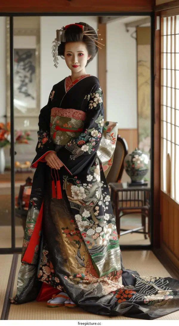A Japanese woman wearing a kimono is standing in a traditional Japanese room.