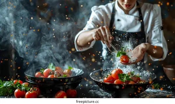 Chef seasoning tomatoes with spices in a professional kitchen