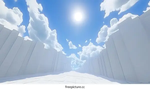 Abstract Minimalist White Cityscape with Blue Sky and Clouds