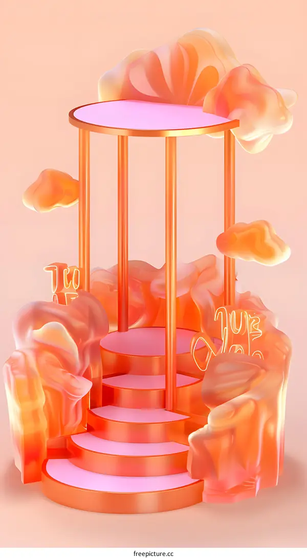 Abstract Orange 3D Render Of A Staircase With Clouds