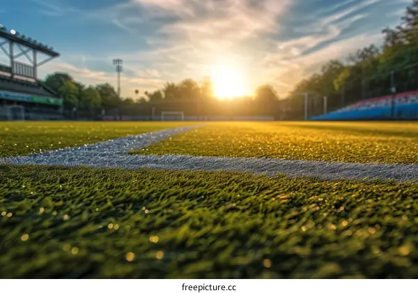 Close up of green turf of soccer field with white line marking at sunset