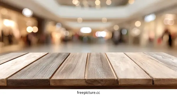 Wooden Table Top in Shopping Mall Background