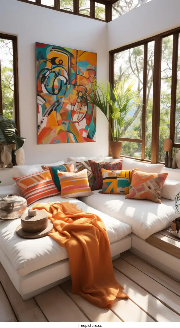 Bright living room with large windows and colorful painting