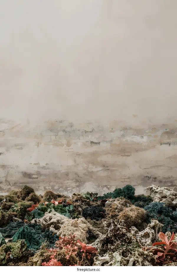 Green Moss and Dried Plants Against a Weathered Wall Background
