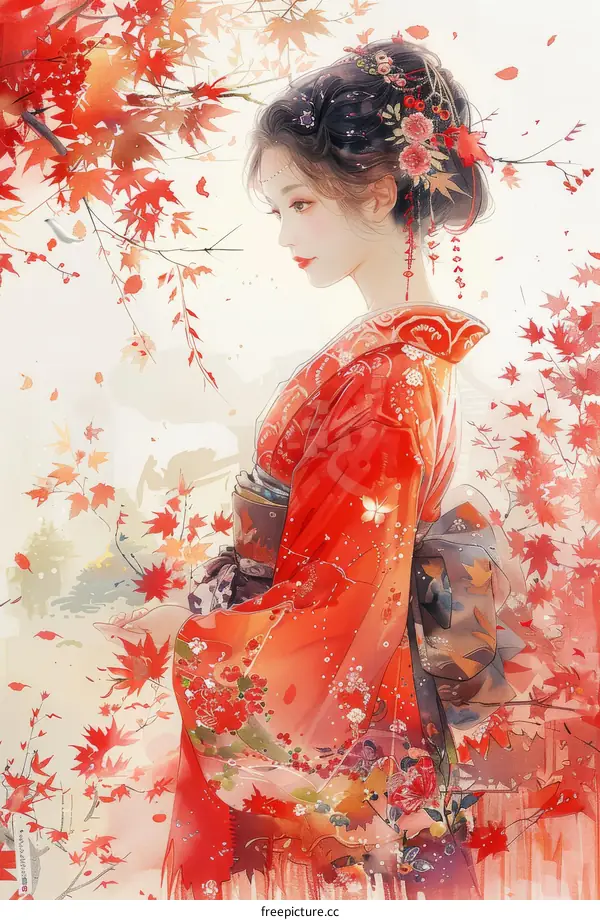 A beautiful Japanese woman in a red kimono standing in a field of red maple leaves.