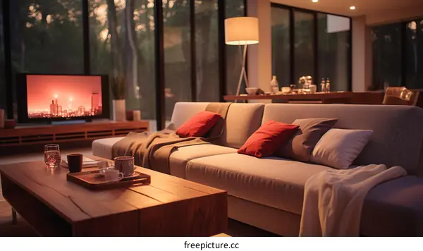 Minimalist Living Room with Forest View at Dusk