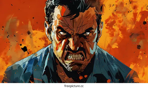 A man with a beard and a scar on his face is looking at the viewer with an angry expression.