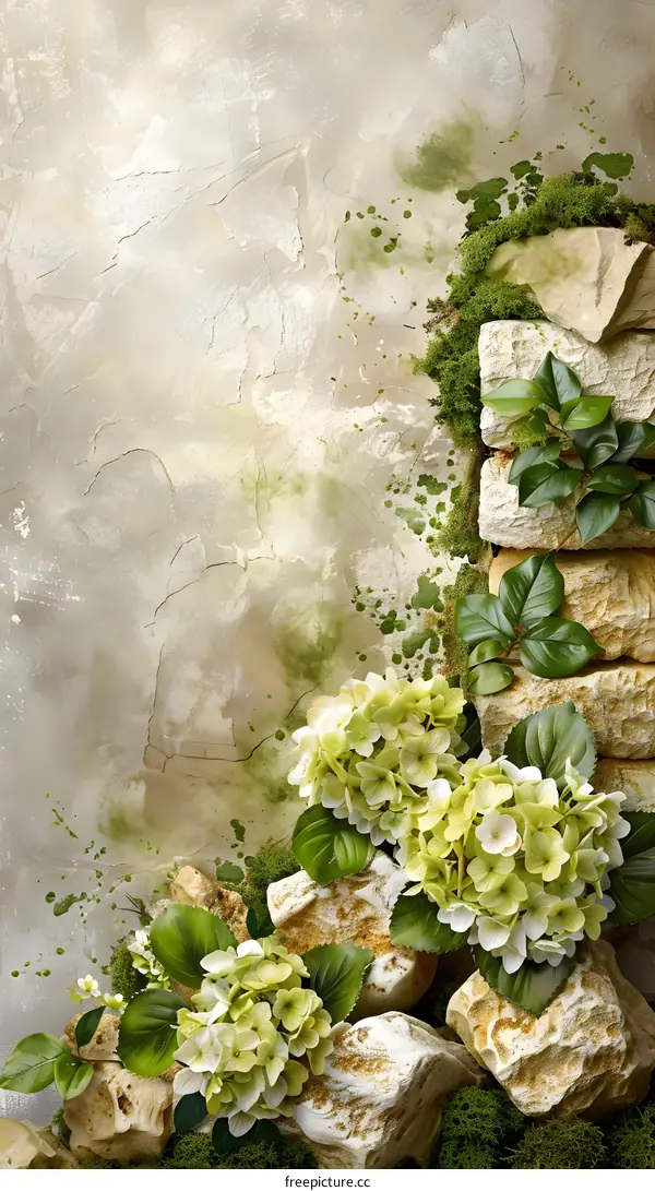 White Hydrangea Flowers with Green Leaves and Stones on a Beige Background