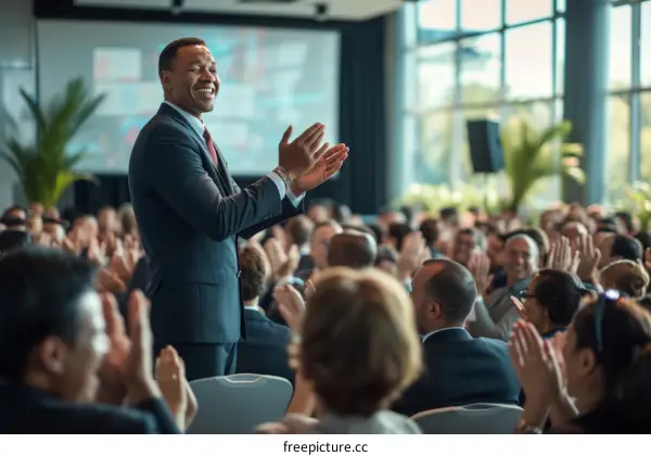 Black businessman giving a speech at a conference