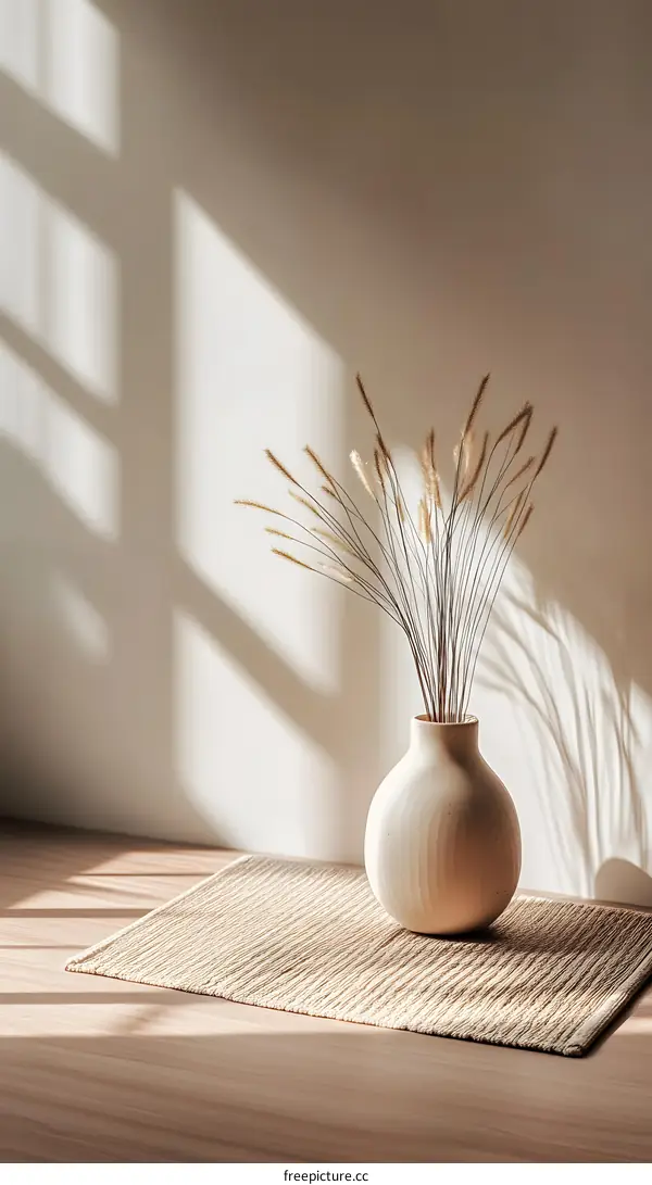 Vase with Dried Flowers on Wooden Table with Natural Light