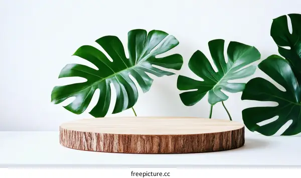 Modern Minimalist Wooden Display with Tropical Leaves