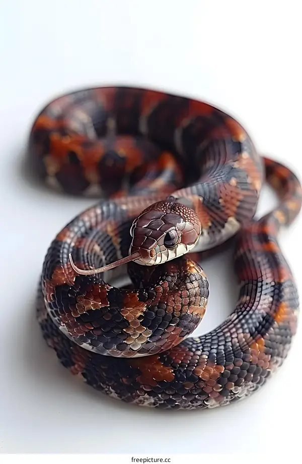 A red-naped snake curled up on a white background