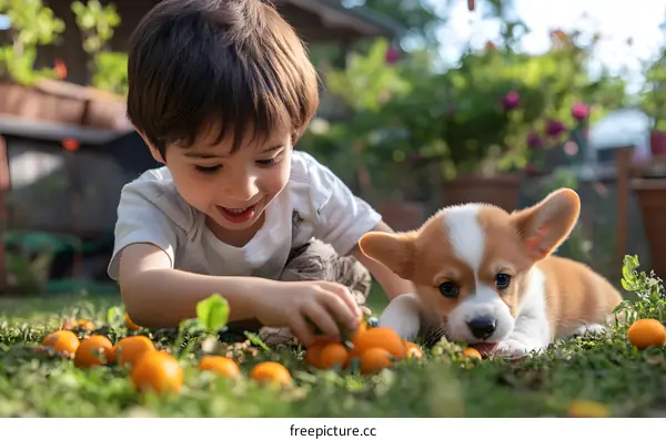 Little Boy Playing With Puppy In Grass
