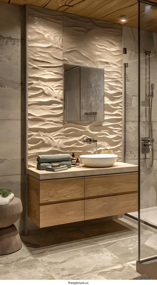 Bathroom vanity with 3D wall tiles